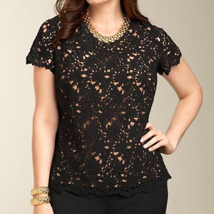 Talbots | Black & Tan/Nude Crochet-Style Lace Overlay Scalloped Top